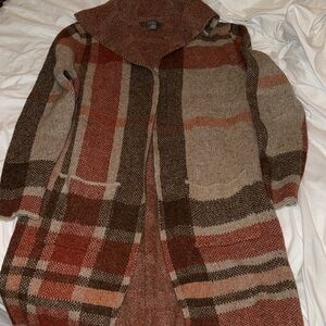 Natural Reflections Plaid Open-Front Cardigan in Brown & Rust Tones